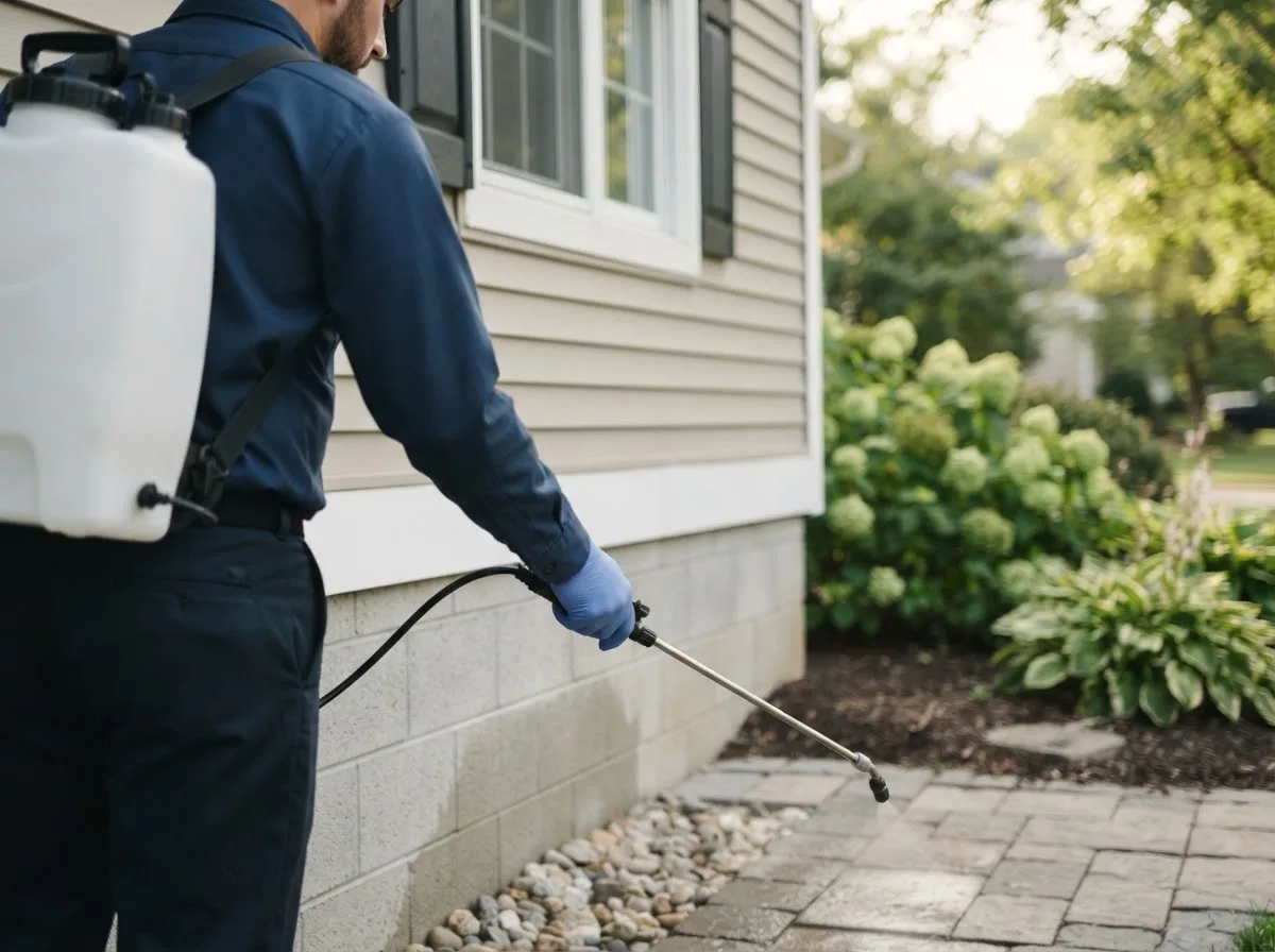 Pest control technician inspecting a home in Napoleon, MI